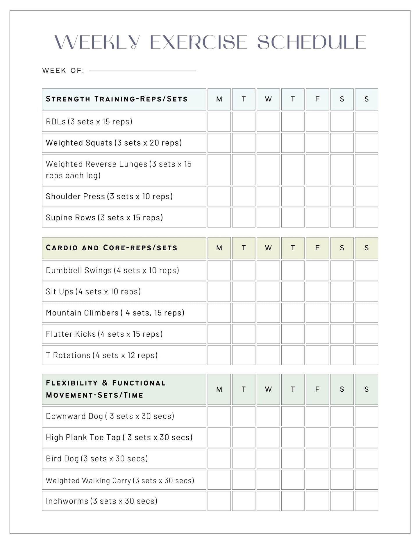 Fitsique | Weekly Exercise Schedule Template | Printable & Editable Workout Planner