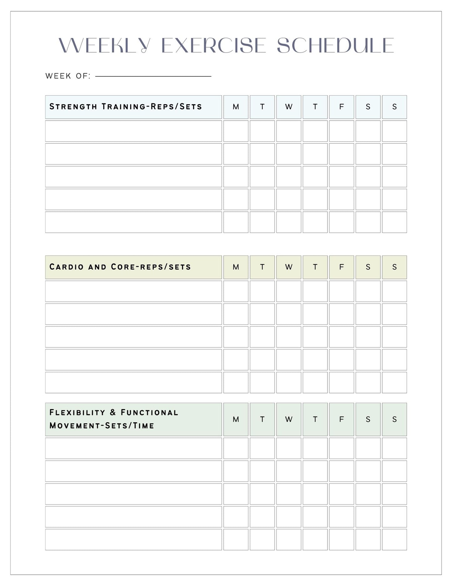 Fitsique | Weekly Exercise Schedule Template | Printable & Editable Workout Planner
